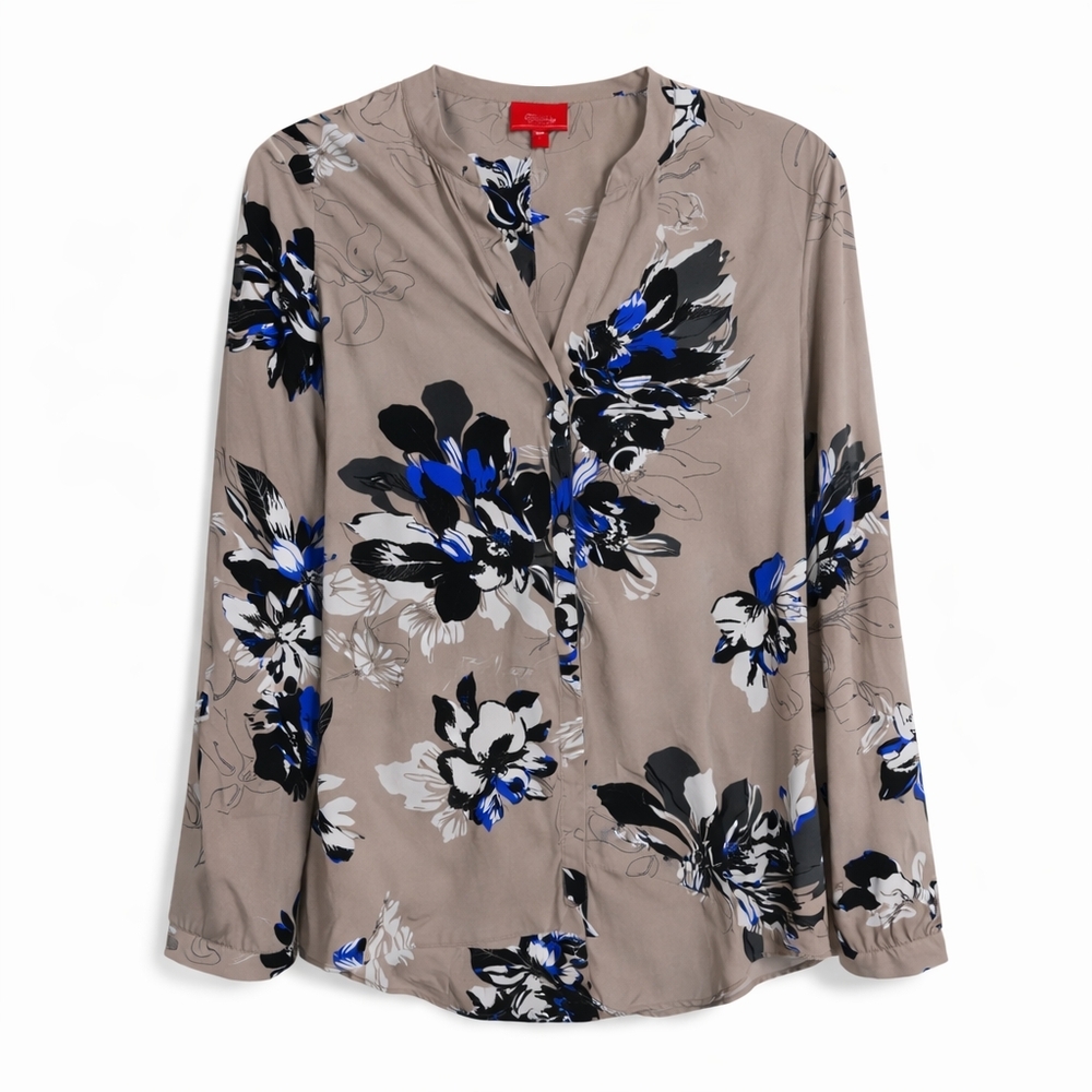 Jennifer Lopez Taupe Floral Blouse | Blue & Black Print | Size L